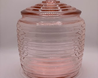 1930's Anchor Hocking Pink Depression Glass Biscuit Jar with Lid