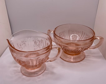 1930's Federal Glass Co. Pink Depression Glass Creamer & Sugar Bowl in Sharon Pink Pattern