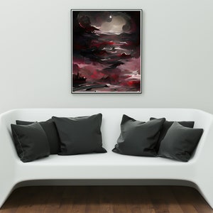 May include: A framed abstract painting with a dark background and red and white clouds. The painting is hanging on a white wall above a white couch with black pillows.