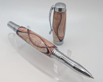 Bolígrafo rollerball - Madera de arce americana moleteada - Tapa giratoria cromada