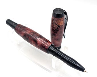 Bolígrafo rollerball - Madera de arce teñida de rojo - Tapa giratoria cromada negra