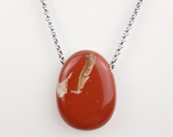 Red Jasper pierced stone pendant, silver stainless steel chain