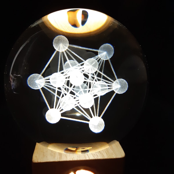 Sublime Sphère en Verre gravure 3D Motif Métatron, sur socle plexi transparent
