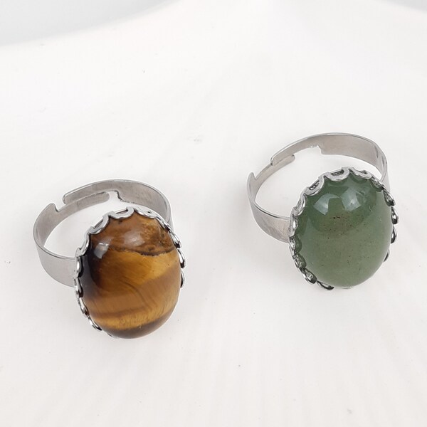 Bague Ajustable en Aventurine ou Oeil de Tigre sur monture en acier inox argenté