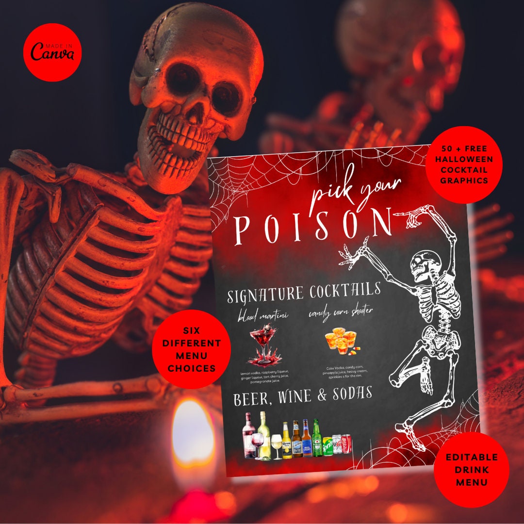 Editable Pick Your Poison Menu Template for Canva, Halloween Cocktail ...