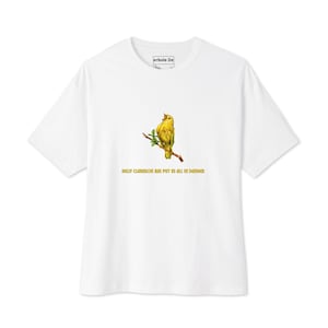 May include: A white short-sleeve t-shirt featuring a graphic of a yellow canary perched on a brown branch. Below the bird, the text reads "KELLY CLARKSON HAS PUT US ALL IN DANGER" in yellow capital letters. The shirt has a crew neckline.