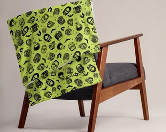 Manta de Halloween espeluznante con diseño de monstruos y terror en color lima, con estampado de monstruos vintage, 2 tamaños, diseño Hyperbole