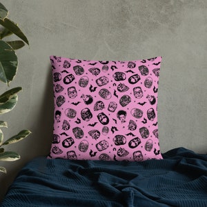 Halloween Monsterbilly Fuchsia Vintage Classic Monsters Spooky Print Throw Pillow in 3 Sizes | Hyperbole Design