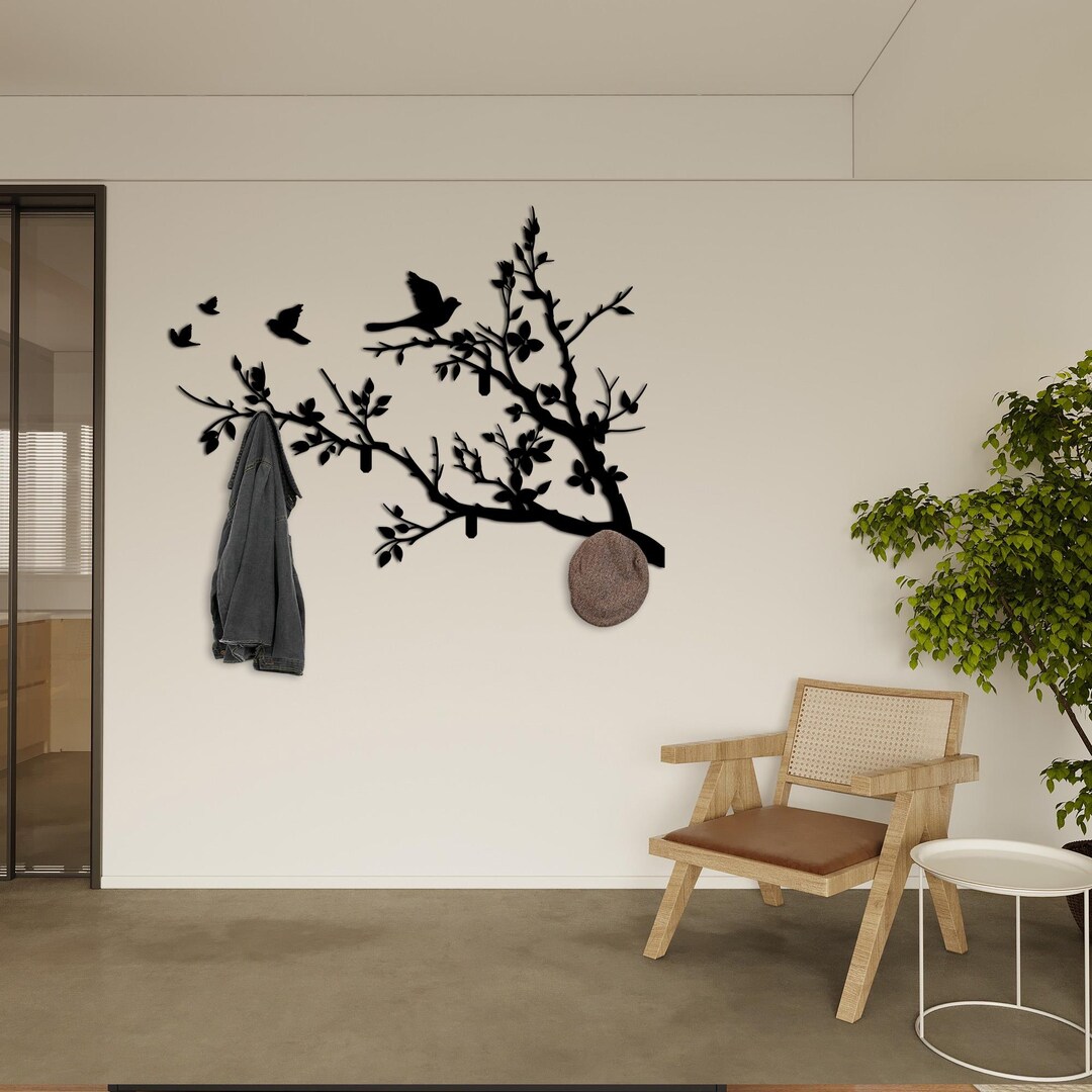 Metal Bird Tree Branch Wall Art With 5 Hooks, Black Silhouette Coat ...