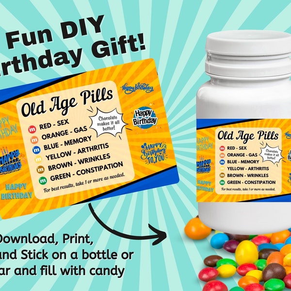 Old Age Pills | Printable Label | Over the Hill | Gag Gift | Funny Gift | Birthday Gift | Novelty Candy Label | Old Age Joke | Growing Old