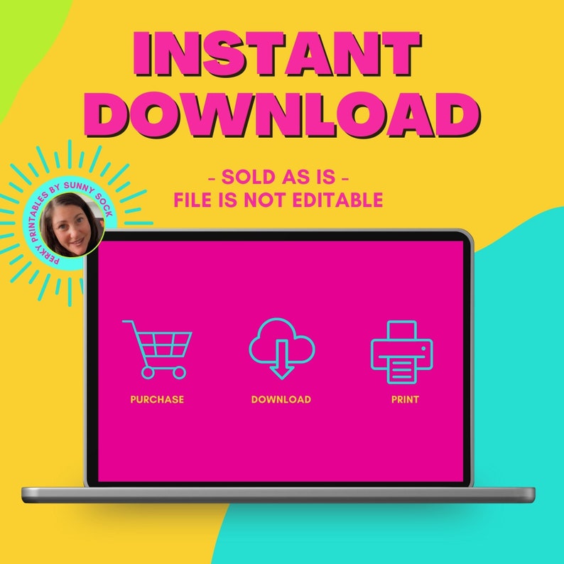 Może przedstawiać: Ekran laptopa z r&oacute;żowym tłem i trzema niebieskimi ikonami. Ikony reprezentują zakup, pobranie i wydruk. Na ekranie wyświetlany jest tekst "INSTANT DOWNLOAD - SOLD AS IS - FILE IS NOT EDITABLE".