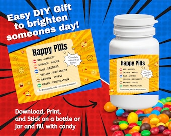 Happy Pillen | Afdrukbaar etiket | Gag-cadeau | Leuk cadeau | Nieuwigheid snoeplabel | Ondersteuning |