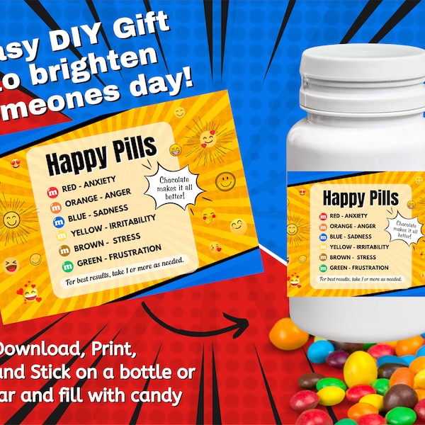 Happy Pills | Printable Label | Gag Gift | Fun Gift | Novelty Candy Label | Support |