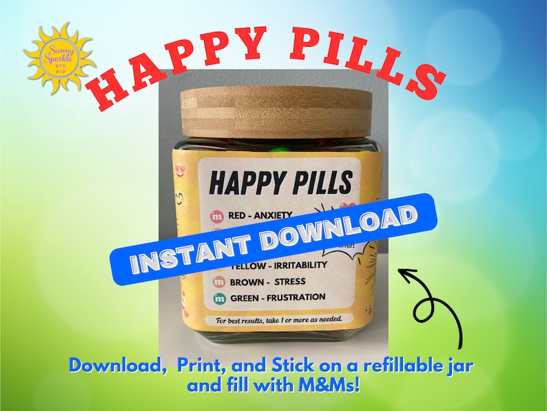 Może przedstawiać: Etykieta do wydrukowania na słoik z M&Ms, z tekstem "Happy Pills" i listą emocji powiązanych z r&oacute;żnymi kolorami M&Ms. Etykieta jest zaprojektowana do wydrukowania i przyklejenia na słoik wielokrotnego użytku.