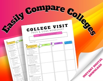 May include: A printable worksheet to help compare colleges. The worksheet is titled "College Visit Pros & Cons Worksheet" and includes sections for the name of the college, date of visit, pros, cons, and level of importance. The worksheet is designed to help students organize their thoughts and feelings about different colleges.