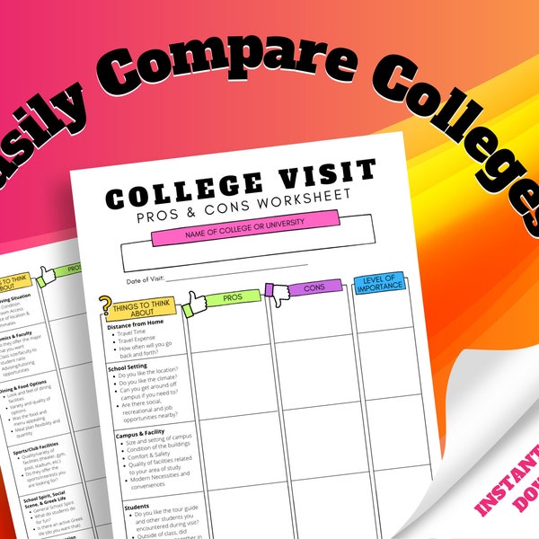 College Tour Pros & Cons Worksheet | School Comparison | College Checklist | College Comparison | College Search