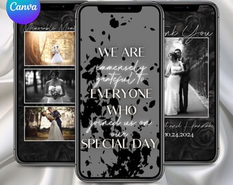 Black Wedding Thank You Card Template Digital Thank You Note Canva Template Minimalist Electronic Phone Thank You Card Instant Download