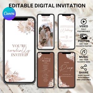 Boho Video Wedding Invite Template Editable Pampas Grass Animated Modern Invitation RSVP Save The Date Template Digital Canva Video Template