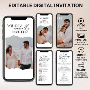 May include: Editable digital wedding invitation template with a white background and black text. The template includes a photo of a couple, a wedding programme, wedding details, and a video and photo slideshow. The template also includes options to add music and share the invitation with friends and loved ones.