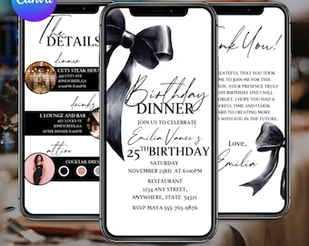 Editable Black Bow Birthday Dinner Invite Template Editable Animated Coquette Birthday Invitation Digital Modern Minimalist Formal Evite