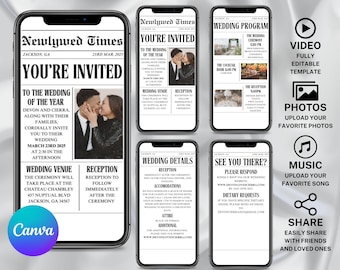 Classic Newspaper Themed Video Wedding Invite Template Editable Animated Wedding Invitation RSVP Save The Date Template Digital Canva Video