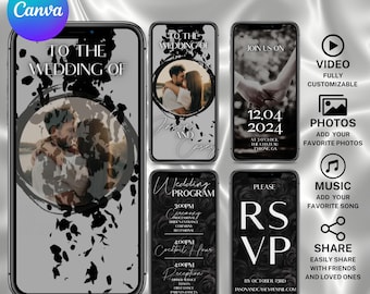 Black and White Video Wedding Invite Template Editable Animated Wedding Invitation RSVP Save The Date Template Digital Canva Video Template