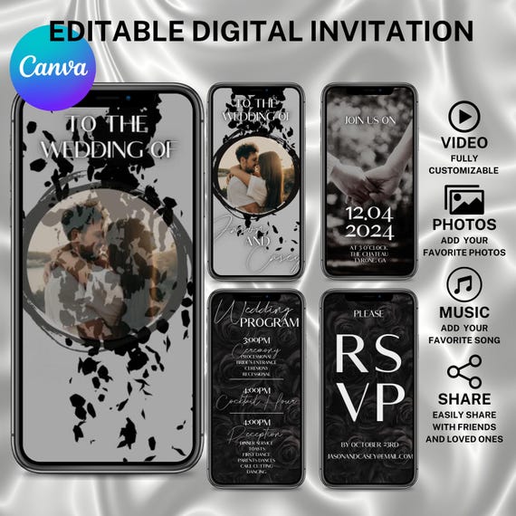 Black and White Video Wedding Invite Template Editable Animated Wedding Invitation RSVP Save The Date Template Digital Canva Video Template