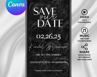 Black Roses Video Save The Date Wedding Template Editable Animated Modern Gothic Wedding Save The Date Template Digital Canva Video Template
