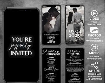 All Black Video Wedding Invite Template Editable Animated Gothic Wedding Invitation RSVP Minimalist Template Digital Canva Video Template