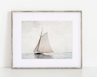 Seascape Painting, Sailboat Art Print, Coastal Wall Art, Muted Beach Printable, Nautical Digital Download, Minimalist Beach Art, Ocean Print