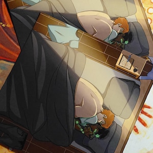May include: An illustration of two people sleeping in separate beds. Each bed has a grey pillow, a light blue shirt, and a dark grey blanket. Each bed has a bedside table with a book, a pen, and a cup.