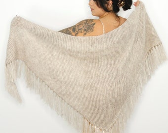 Beige Knit Bridal Shawl: Mohair Blend Wedding Wrap with Fringe