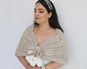 Beige shawl for bride and bridesmaids,handmade knit bolero shrug,romantic wedding shawl,bridal stole,bridal cape,bridal shrug,bridal coverup