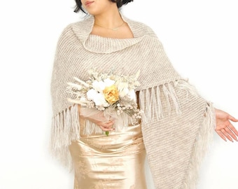 Beige Knit Bridal Shawl: Mohair Blend Wedding Wrap with Fringe