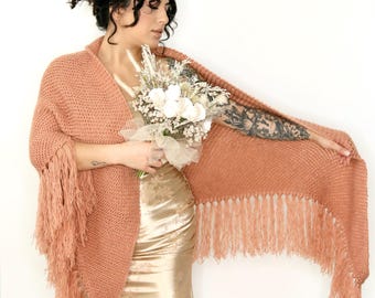 Burnt Orange Knit Bridal Shawl: Triangle Fringe Wedding Wrap