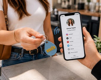 May include: A blue teardrop-shaped NFC keychain with the yellow text ROHËN attached to a silver ring. A smartphone displays a digital profile for Emma Taylor, Content Creator, with icons for Instagram, TikTok, YouTube, Email, Website, and Add to Contacts.