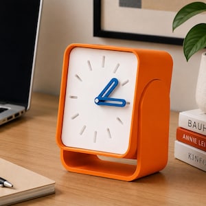Könnte beinhalten: Eine quadratische analoge Tischuhr mit einem leuchtend orangefarbenen Rahmen und einem weißen Zifferblatt. Die Uhr verfügt über vertiefte weiße Stundenmarkierungen und zwei blaue Zeiger. Sie ist auf einem geschwungenen orangefarbenen Sockel montiert.