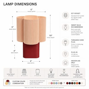 May include: A table lamp with a ribbed, light peach-colored shade and a solid dark red base. The total height is 10 inches, with a 6-inch shade and a 4-inch base. Features include an E27 socket, a 5-foot corded plug, and indoor use specifications.