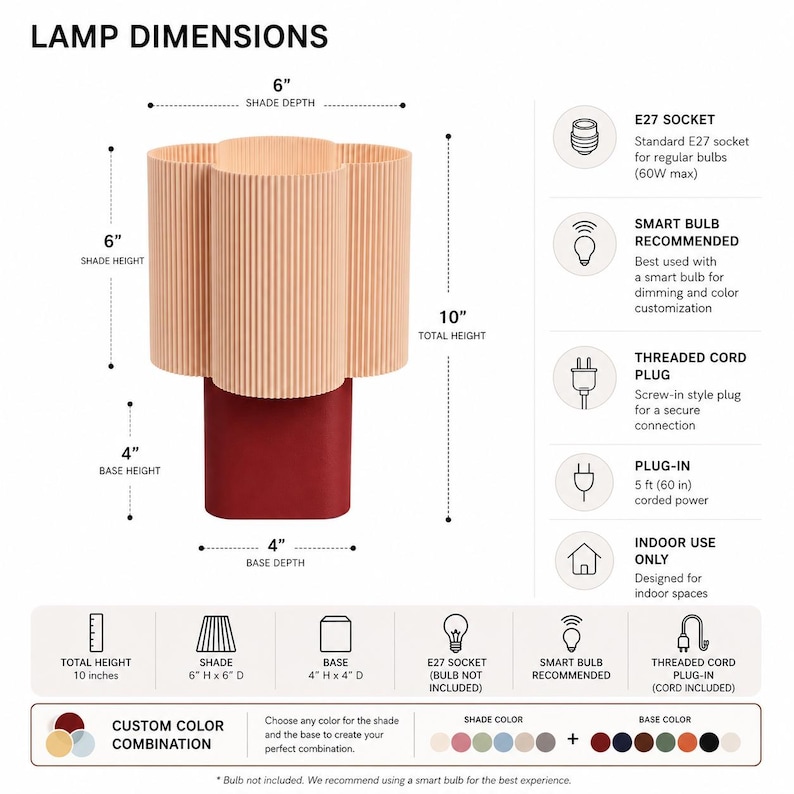 May include: A table lamp with a ribbed, light peach-colored shade and a solid dark red base. The total height is 10 inches, with a 6-inch shade and a 4-inch base. Features include an E27 socket, a 5-foot corded plug, and indoor use specifications.