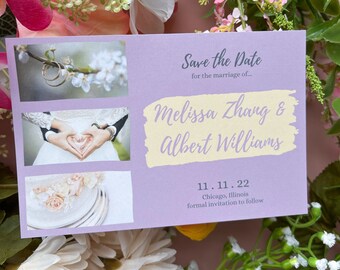 Elegant Save the Date with Photos, Simple, Lilac & Creamy Colors | Canva Template | ETSD4001