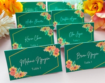 Elegant Floral Place Cards Template, Minimal, Simple, Olive Green | Flat & Tented | Canva Template | ETPC2003