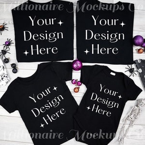 Halloween Family Matching Shirt Mockup Photo, Black Stock Photography, Flat Lay Family Mockup, Apparel Mockup, T-shirt Mockup, Black Mockups