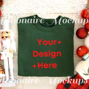Christmas Crewneck Mockup Photo, Forest Green Stock Photography, Flat Lay Green Mockup, Gildan 18000 Mockup, Sweatshirt Christmas Mockup