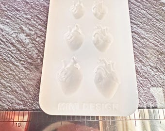 May include: A translucent silicone mold with six anatomical heart designs. The mold is rectangular with rounded corners and the text "MINI DESIGN" is printed on the bottom. A stainless steel ruler is in the foreground.