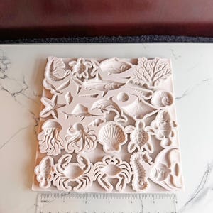 May include: A light pink silicone mould featuring various sea creatures, including fish, crabs, starfish, and a seahorse. The mould is approximately 15 cm wide and 15 cm long, with a ruler for scale.