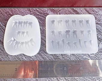 May include: Two clear silicone molds with tooth designs. One mold is oval-shaped with a row of teeth and a set of roots. The other is rectangular with various tooth shapes. A ruler is at the bottom.