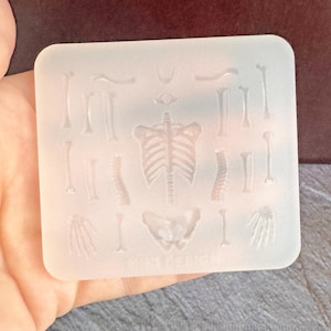 May include: A translucent silicone mold featuring a detailed skeletal design. The mold includes various bone shapes, such as ribs, vertebrae, and limb bones, perfect for crafting projects. The mold is held in a hand.