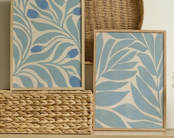 Soft Blue and Beige Botanical Wall Art Set of 2, Minimalist Matisse Boho Print, Printable Flower Market Wall Decor, Mid Century Modern Art