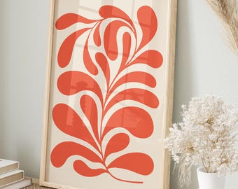 Boho Style Matisse Red Rustic Leaf Wall Art, Botanical Vintage Poster, Abstract Flower Market Wall Decor, Aesthetic Mid Century Modern Art