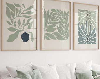 Boho Green Botanical Gallery Wall Art Set of 3, Matisse Boho Art Print, Abstract Flower Market Wall Decor, Printable Mid Century Modern Art
